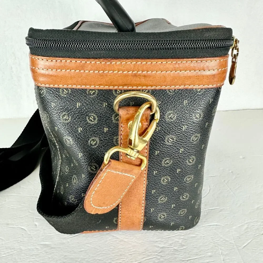Pollini Vintage Leather Monogram Vanity Case Travel Toiletry Carry On Cosmetic